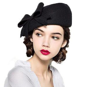 Elegant Wool Felt Berets Fascinators Fedora Women Church Hats Ladies Bow Caps😋